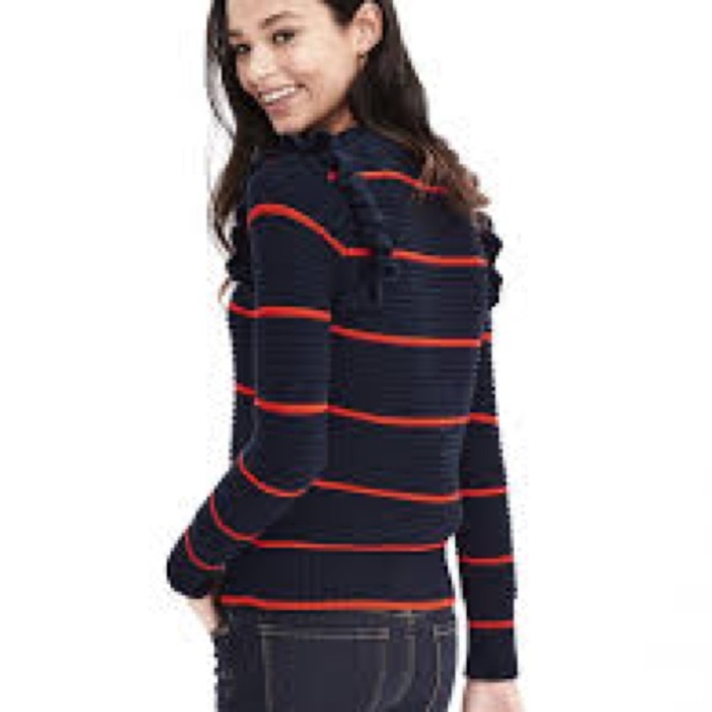 Banana Republic Navy and Orange Striped Sweater with Ruffle Shoulder Size M - Picture 3 of 8